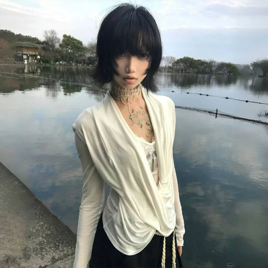 【Y2Kグランジ】アシンメトリークロスVネックロンT