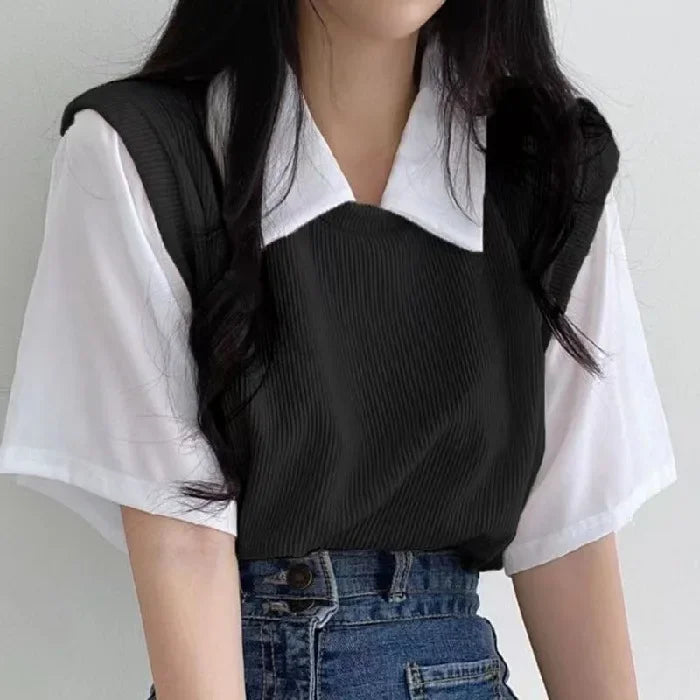 学院風カラーブロッキング ポロ襟 フェイク2ピース 半袖Tシャツ レディース カジュアル ルーズ 万能トップス