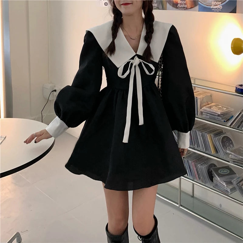 【韓国きれいめ】セーラーカラーレースアップミニワンピース
