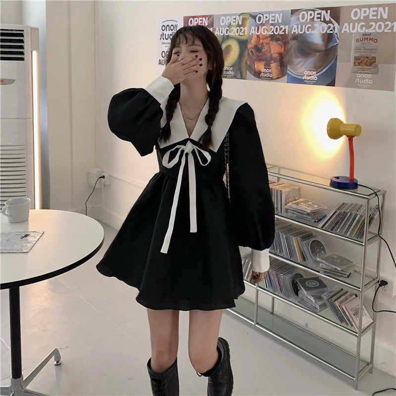 【韓国きれいめ】セーラーカラーレースアップミニワンピース