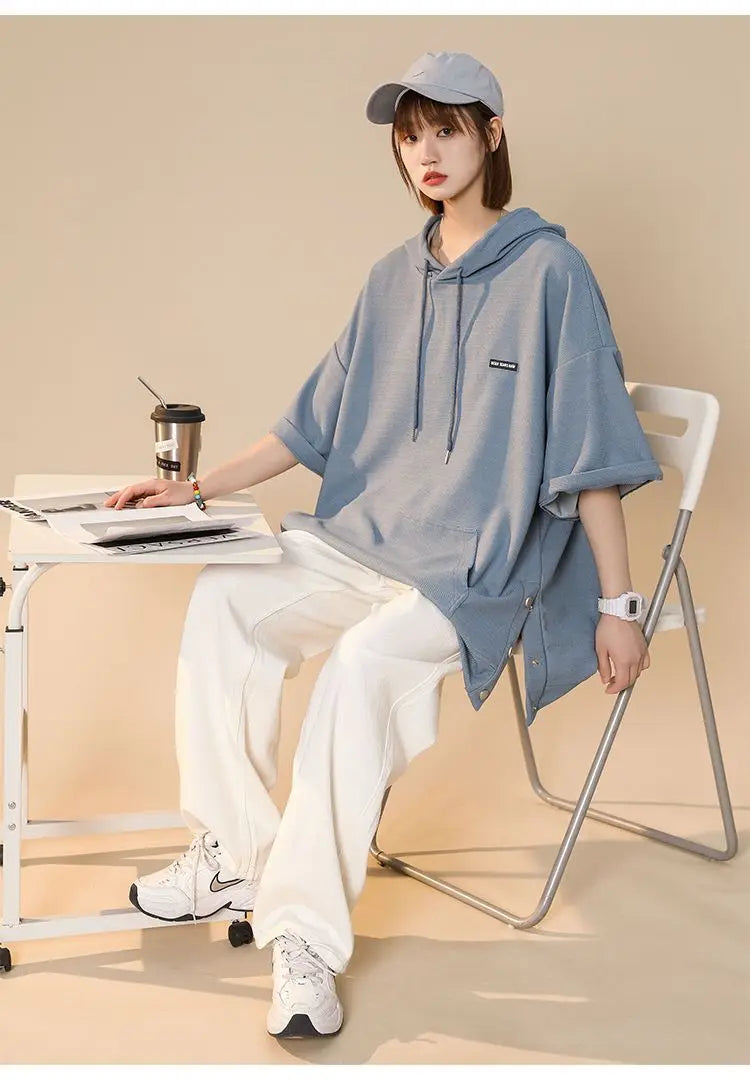 【韓国ストリート】ルーズ半袖フーディーTシャツ