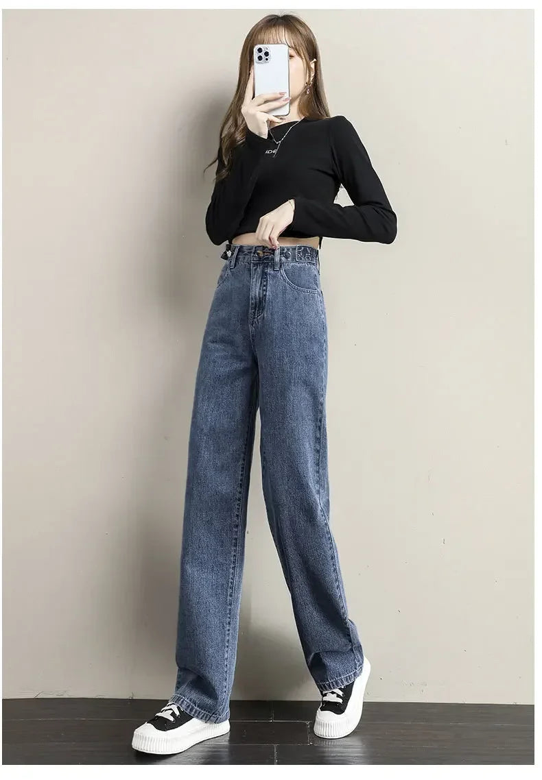 ルーズフィット レディースジーンズ ハイウエスト調整可能 ストレートクロッチ レトロスタイル パンツ 綿素材 快適 カジュアルスタイル
