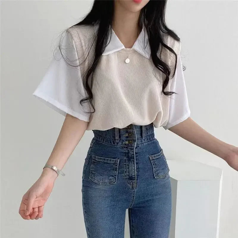 学院風カラーブロッキング ポロ襟 フェイク2ピース 半袖Tシャツ レディース カジュアル ルーズ 万能トップス