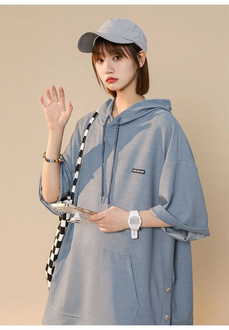【韓国ストリート】ルーズ半袖フーディーTシャツ