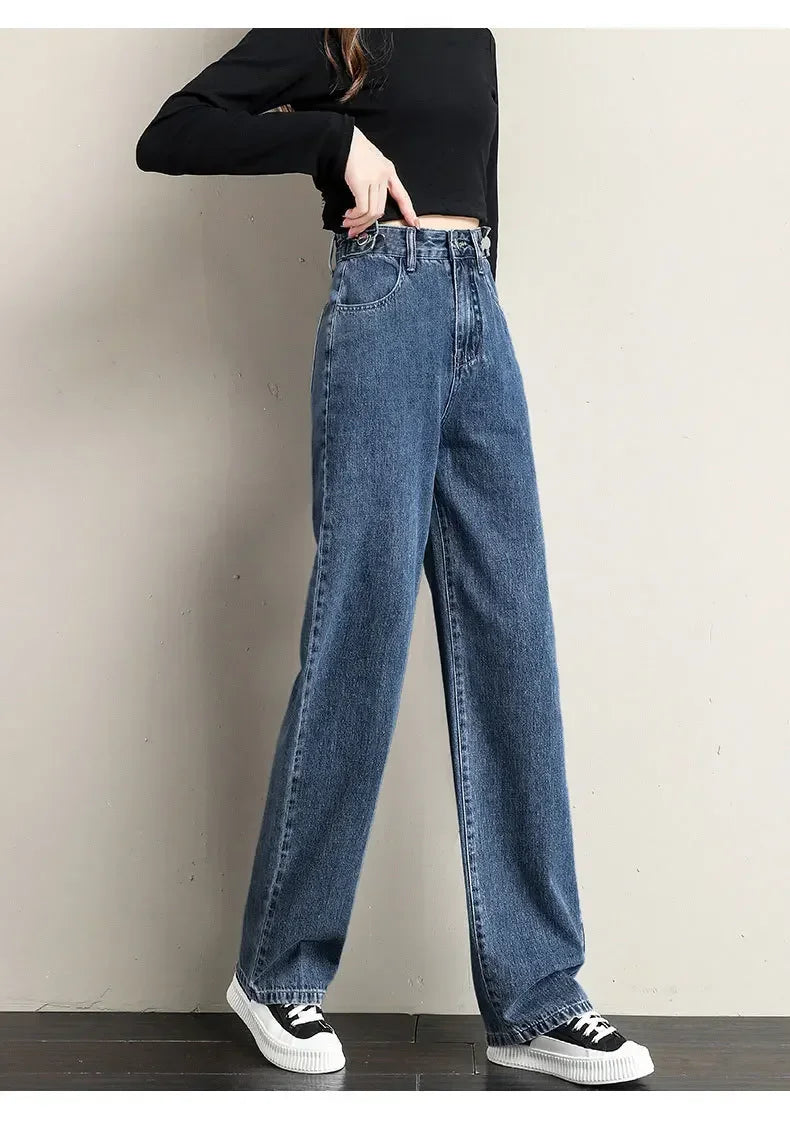 ルーズフィット レディースジーンズ ハイウエスト調整可能 ストレートクロッチ レトロスタイル パンツ 綿素材 快適 カジュアルスタイル