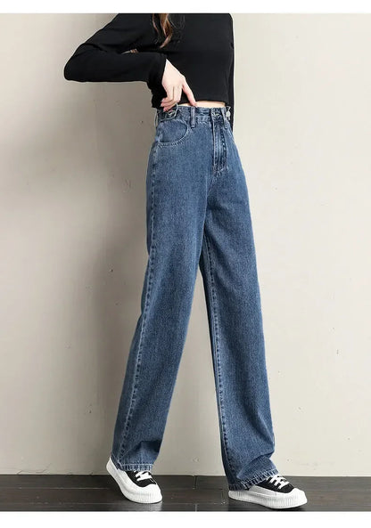 ルーズフィット レディースジーンズ ハイウエスト調整可能 ストレートクロッチ レトロスタイル パンツ 綿素材 快適 カジュアルスタイル