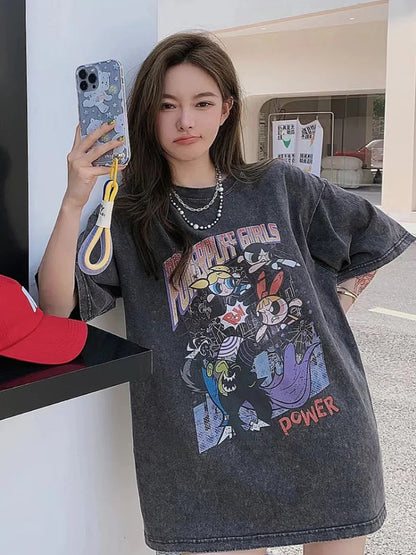 レトロウォッシュ カートゥーンプリント 大きめサイズ 七分丈 半袖Tシャツ レディース 夏 トレンド ルーズフィット ペアルック対応 綿100% トップス