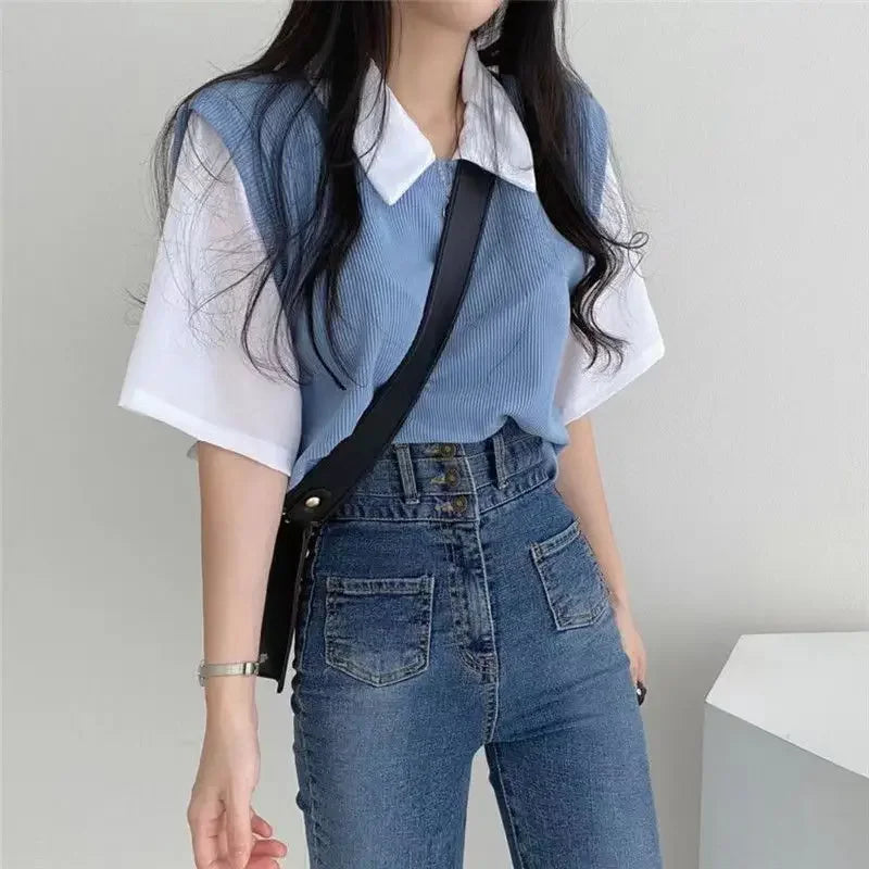 学院風カラーブロッキング ポロ襟 フェイク2ピース 半袖Tシャツ レディース カジュアル ルーズ 万能トップス
