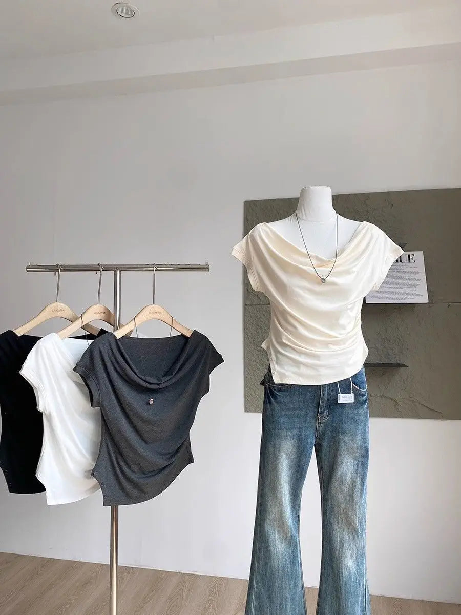 【韓国きれいめ】アシンメトリーウエストドロストモダールTシャツ