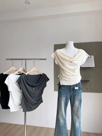 【韓国きれいめ】アシンメトリーウエストドロストモダールTシャツ