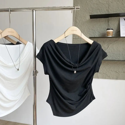 【韓国きれいめ】アシンメトリーウエストドロストモダールTシャツ