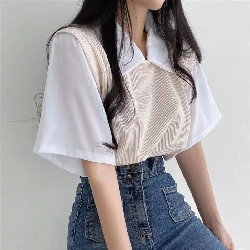 学院風カラーブロッキング ポロ襟 フェイク2ピース 半袖Tシャツ レディース カジュアル ルーズ 万能トップス