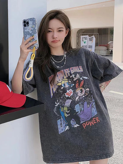 レトロウォッシュ カートゥーンプリント 大きめサイズ 七分丈 半袖Tシャツ レディース 夏 トレンド ルーズフィット ペアルック対応 綿100% トップス