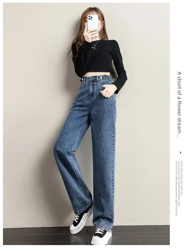 ルーズフィット レディースジーンズ ハイウエスト調整可能 ストレートクロッチ レトロスタイル パンツ 綿素材 快適 カジュアルスタイル