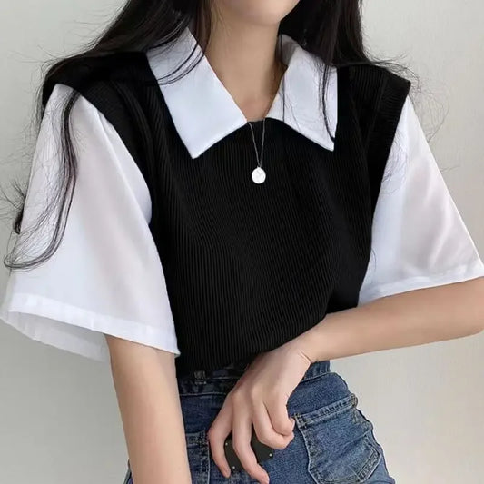学院風カラーブロッキング ポロ襟 フェイク2ピース 半袖Tシャツ レディース カジュアル ルーズ 万能トップス