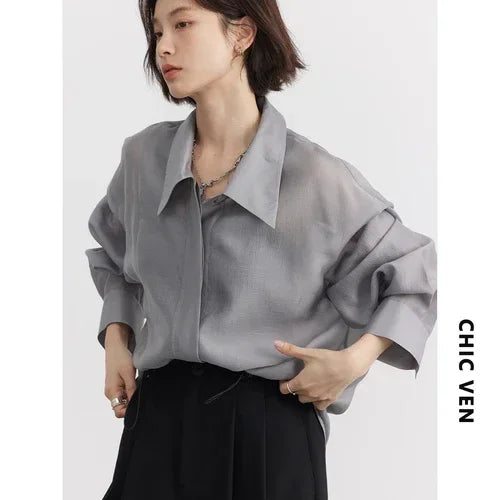 【大人モード】バックスリットテンセル混シアーシャツ