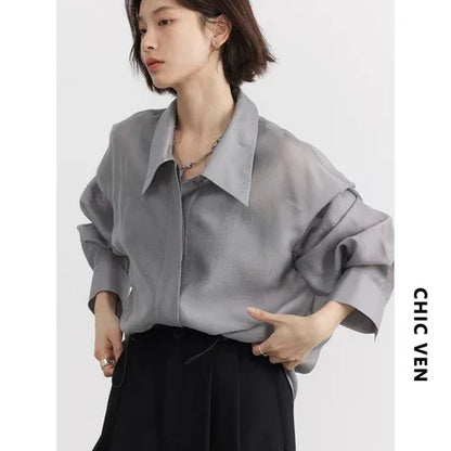 【大人モード】バックスリットテンセル混シアーシャツ