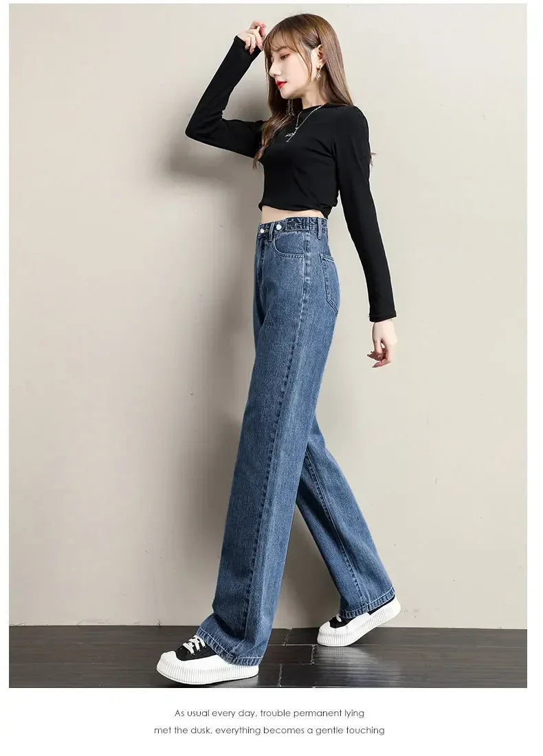 ルーズフィット レディースジーンズ ハイウエスト調整可能 ストレートクロッチ レトロスタイル パンツ 綿素材 快適 カジュアルスタイル