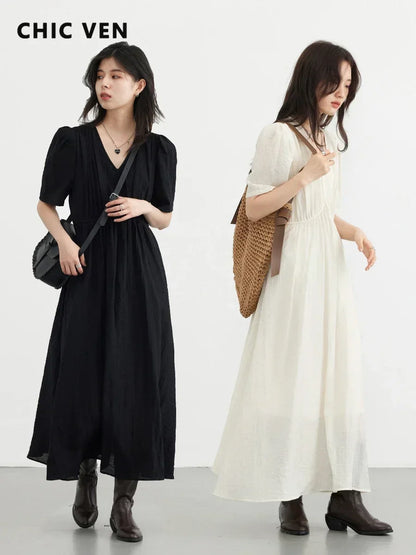 【大人モード】パフスリーブVネックロングワンピース