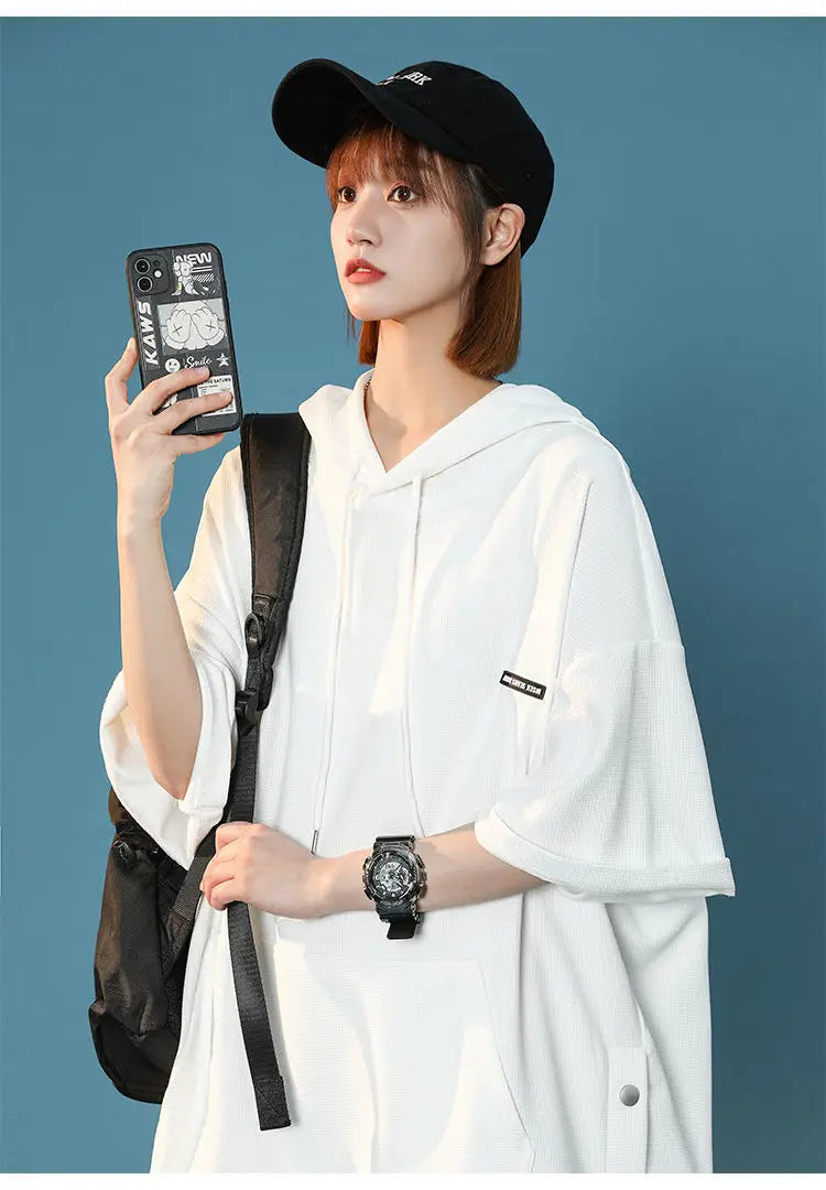 【韓国ストリート】ルーズ半袖フーディーTシャツ