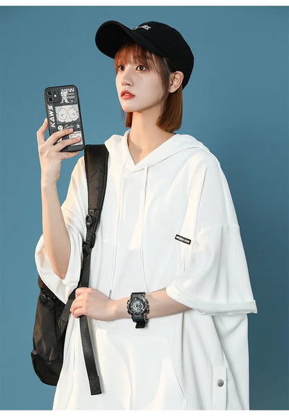 【韓国ストリート】ルーズ半袖フーディーTシャツ
