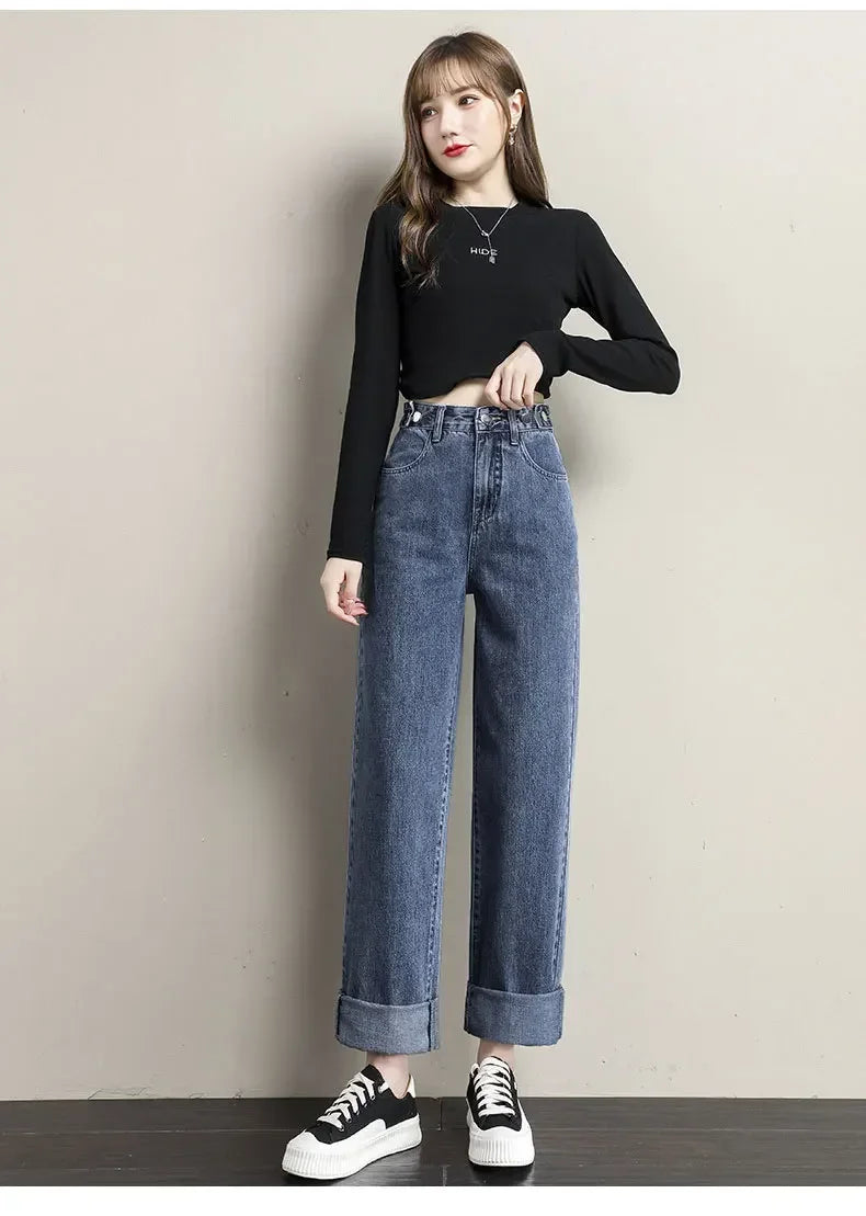 ルーズフィット レディースジーンズ ハイウエスト調整可能 ストレートクロッチ レトロスタイル パンツ 綿素材 快適 カジュアルスタイル