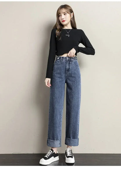 ルーズフィット レディースジーンズ ハイウエスト調整可能 ストレートクロッチ レトロスタイル パンツ 綿素材 快適 カジュアルスタイル