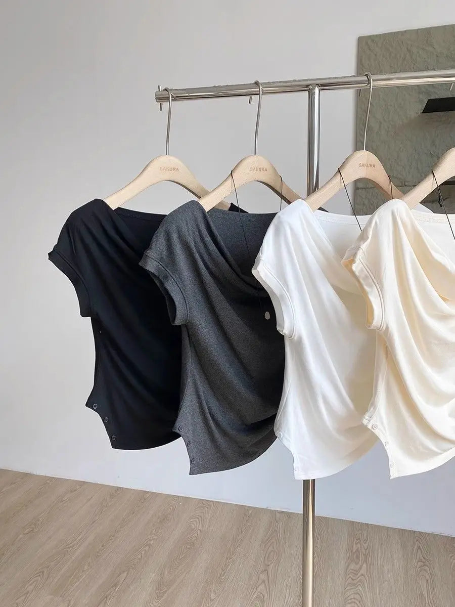 【韓国きれいめ】アシンメトリーウエストドロストモダールTシャツ