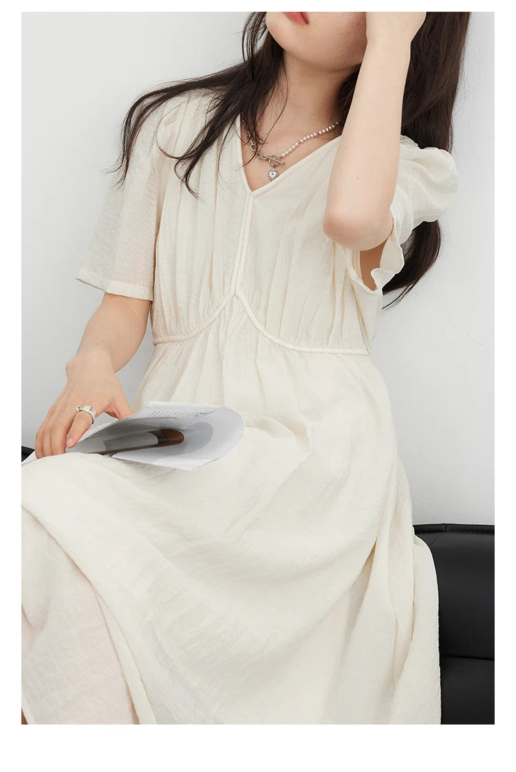 【大人モード】パフスリーブVネックロングワンピース