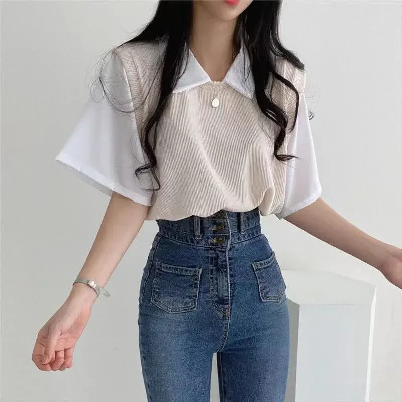 学院風カラーブロッキング ポロ襟 フェイク2ピース 半袖Tシャツ レディース カジュアル ルーズ 万能トップス