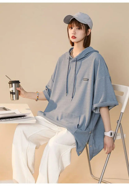 【韓国ストリート】ルーズ半袖フーディーTシャツ