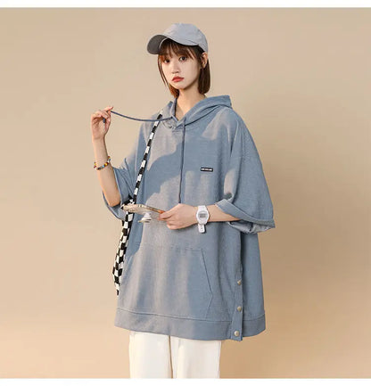 【韓国ストリート】ルーズ半袖フーディーTシャツ