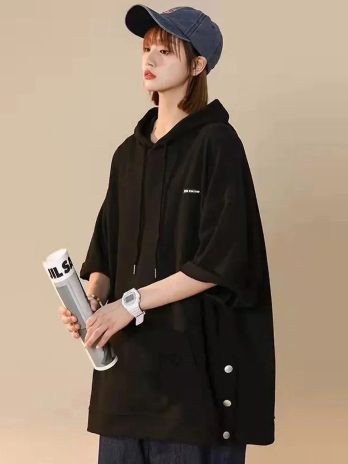 【韓国ストリート】ルーズ半袖フーディーTシャツ
