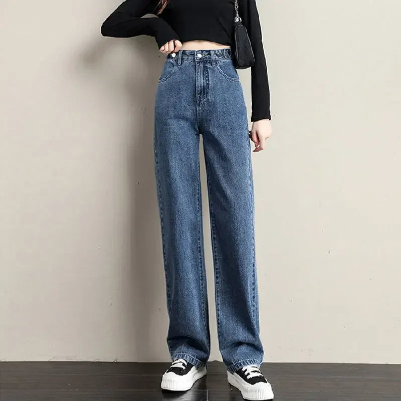 ルーズフィット レディースジーンズ ハイウエスト調整可能 ストレートクロッチ レトロスタイル パンツ 綿素材 快適 カジュアルスタイル