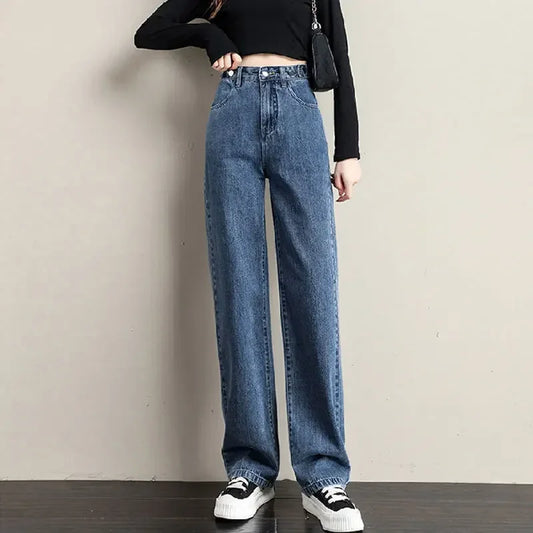ルーズフィット レディースジーンズ ハイウエスト調整可能 ストレートクロッチ レトロスタイル パンツ 綿素材 快適 カジュアルスタイル