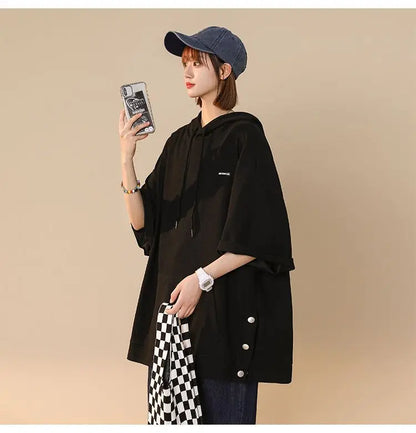 【韓国ストリート】ルーズ半袖フーディーTシャツ