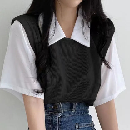 学院風カラーブロッキング ポロ襟 フェイク2ピース 半袖Tシャツ レディース カジュアル ルーズ 万能トップス