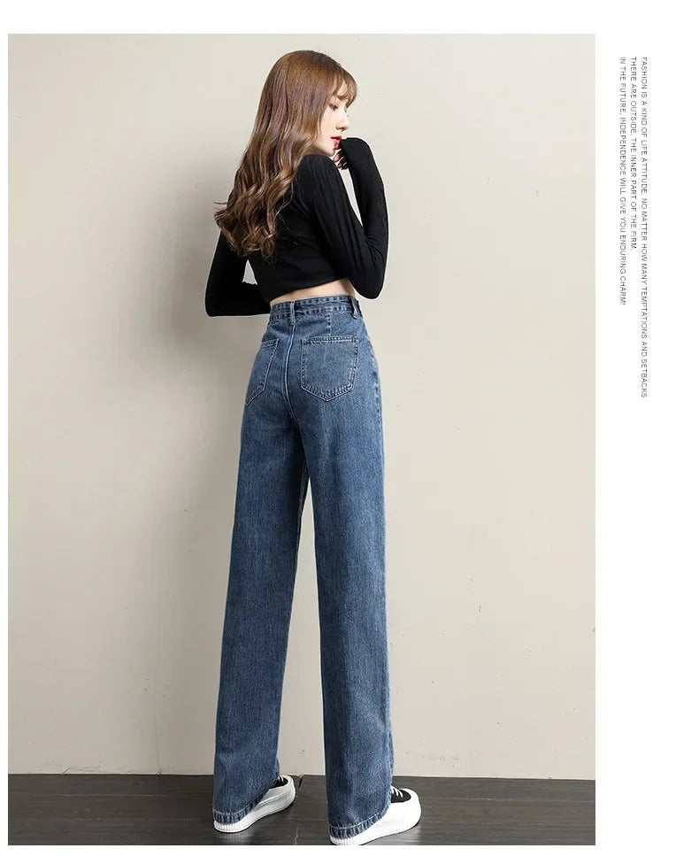 ルーズフィット レディースジーンズ ハイウエスト調整可能 ストレートクロッチ レトロスタイル パンツ 綿素材 快適 カジュアルスタイル