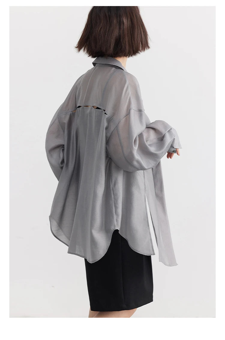 【大人モード】バックスリットテンセル混シアーシャツ