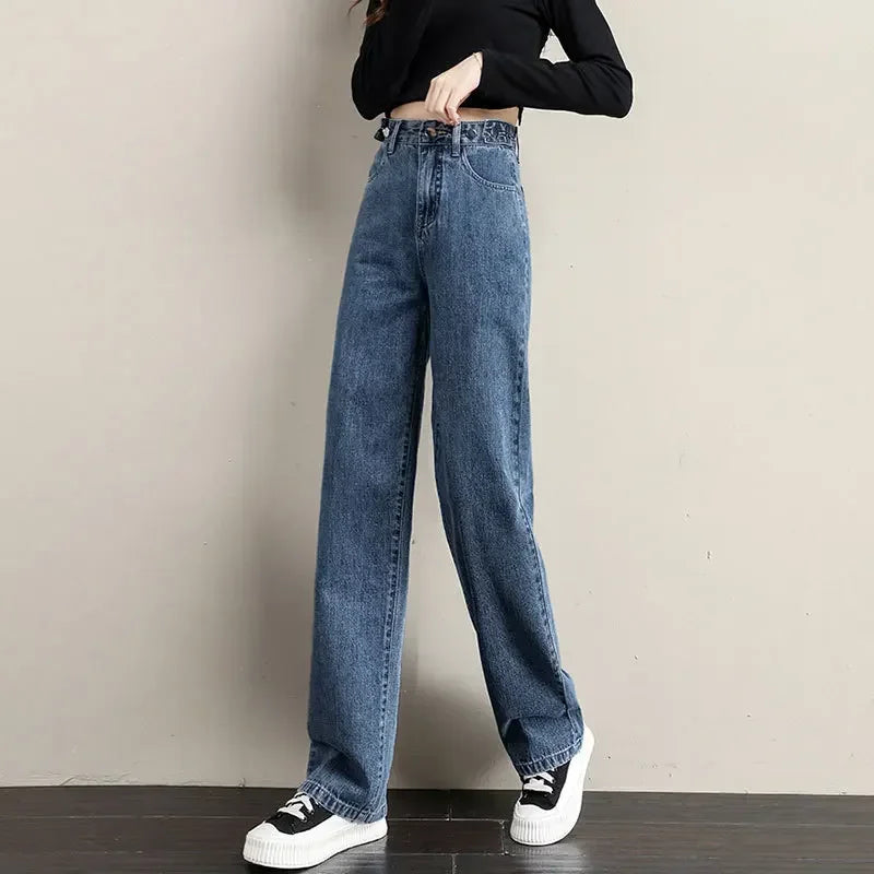 ルーズフィット レディースジーンズ ハイウエスト調整可能 ストレートクロッチ レトロスタイル パンツ 綿素材 快適 カジュアルスタイル