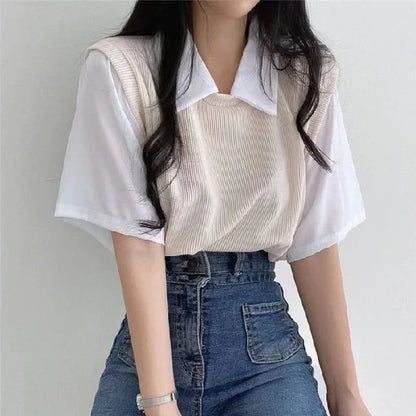 学院風カラーブロッキング ポロ襟 フェイク2ピース 半袖Tシャツ レディース カジュアル ルーズ 万能トップス
