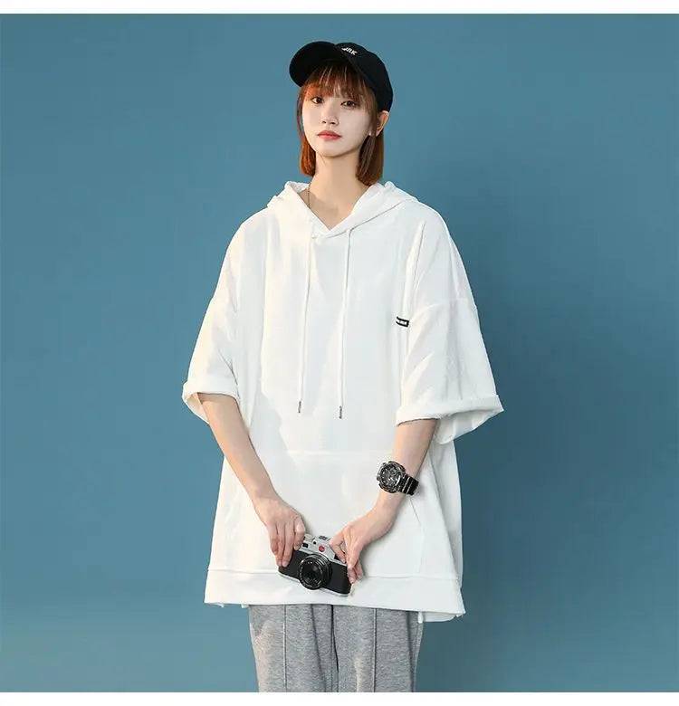 【韓国ストリート】ルーズ半袖フーディーTシャツ