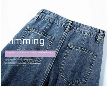 ルーズフィット レディースジーンズ ハイウエスト調整可能 ストレートクロッチ レトロスタイル パンツ 綿素材 快適 カジュアルスタイル
