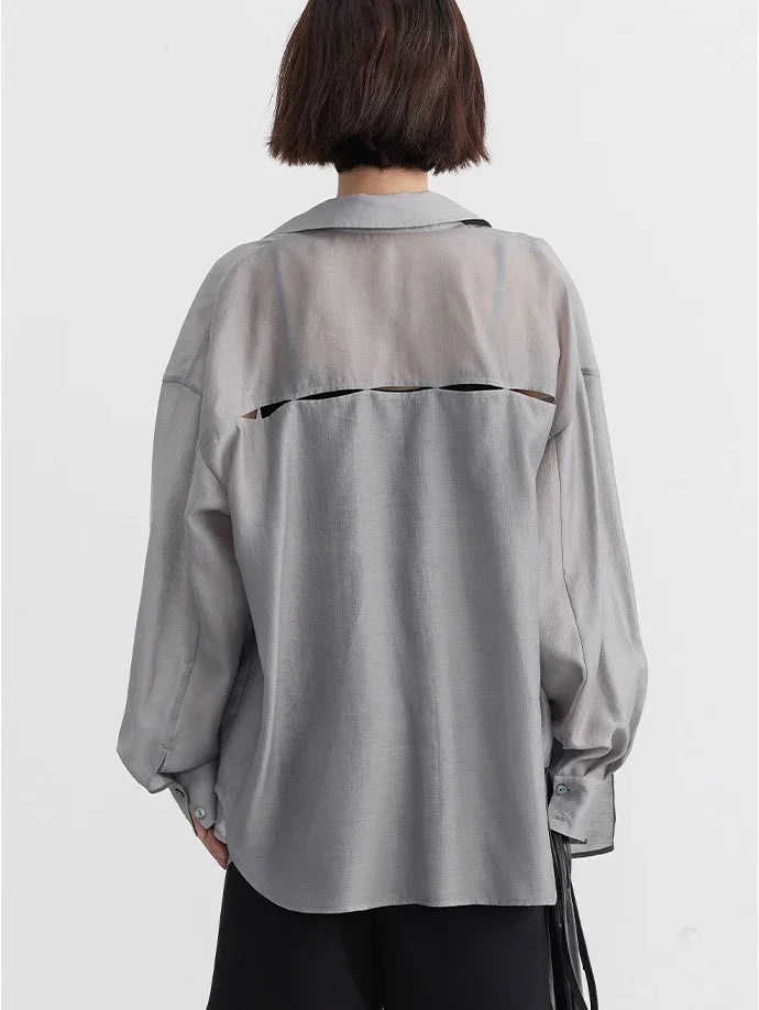 【大人モード】バックスリットテンセル混シアーシャツ