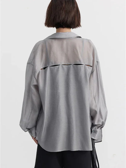 【大人モード】バックスリットテンセル混シアーシャツ