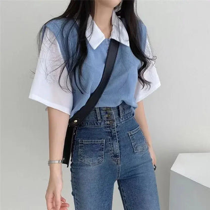 学院風カラーブロッキング ポロ襟 フェイク2ピース 半袖Tシャツ レディース カジュアル ルーズ 万能トップス