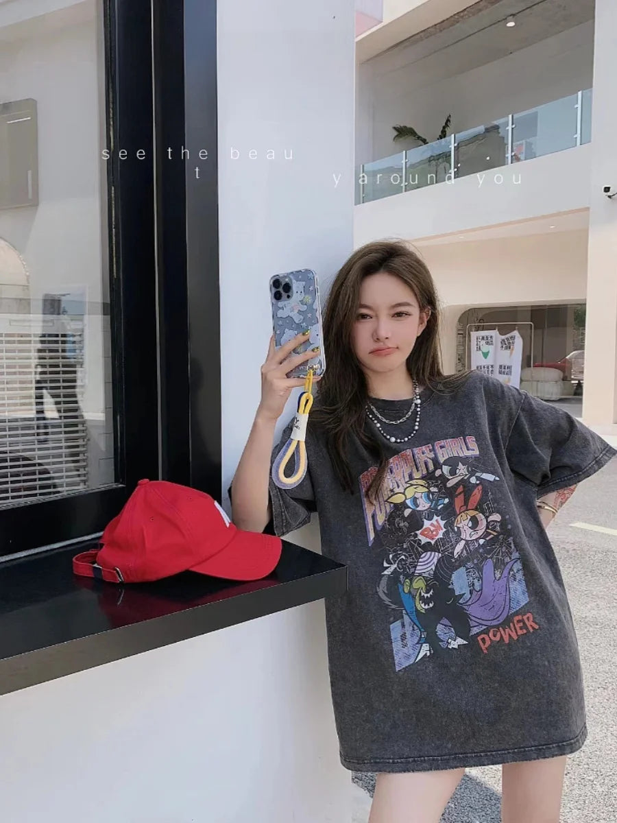 レトロウォッシュ カートゥーンプリント 大きめサイズ 七分丈 半袖Tシャツ レディース 夏 トレンド ルーズフィット ペアルック対応 綿100% トップス