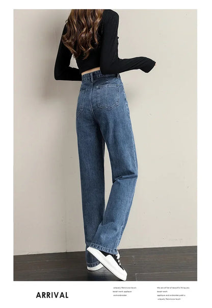 ルーズフィット レディースジーンズ ハイウエスト調整可能 ストレートクロッチ レトロスタイル パンツ 綿素材 快適 カジュアルスタイル
