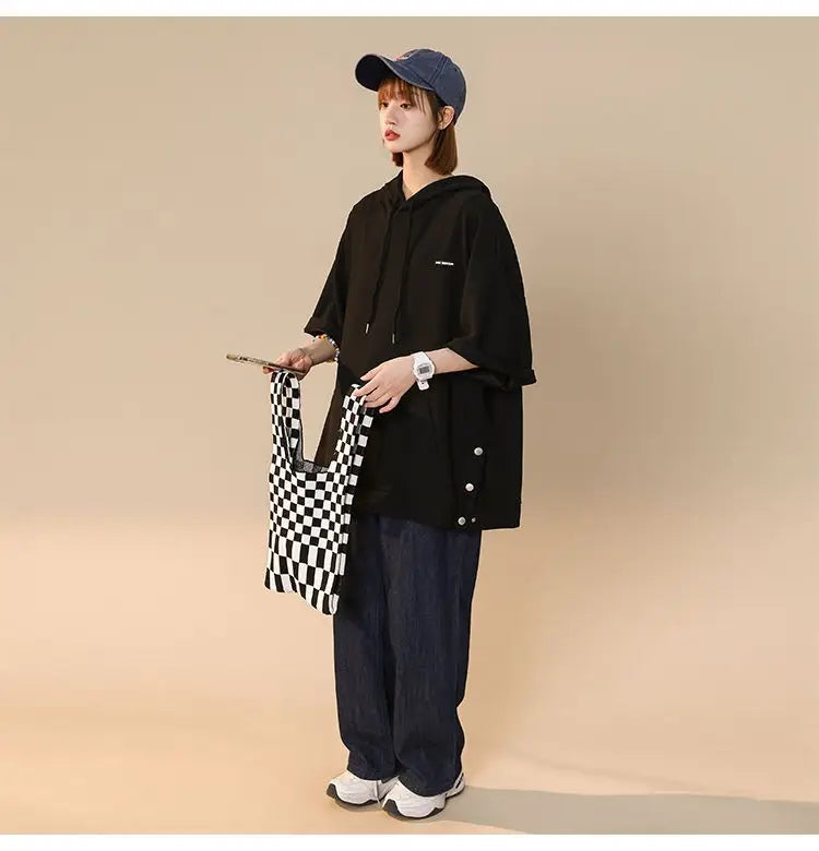 【韓国ストリート】ルーズ半袖フーディーTシャツ
