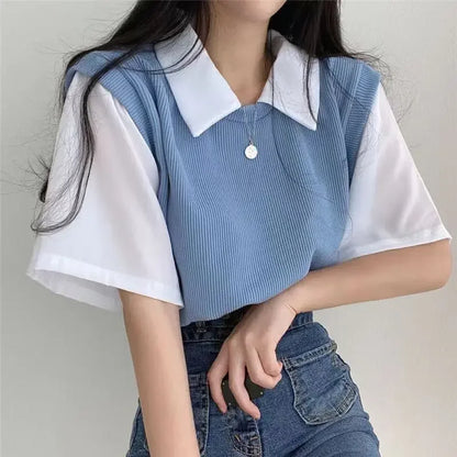 学院風カラーブロッキング ポロ襟 フェイク2ピース 半袖Tシャツ レディース カジュアル ルーズ 万能トップス